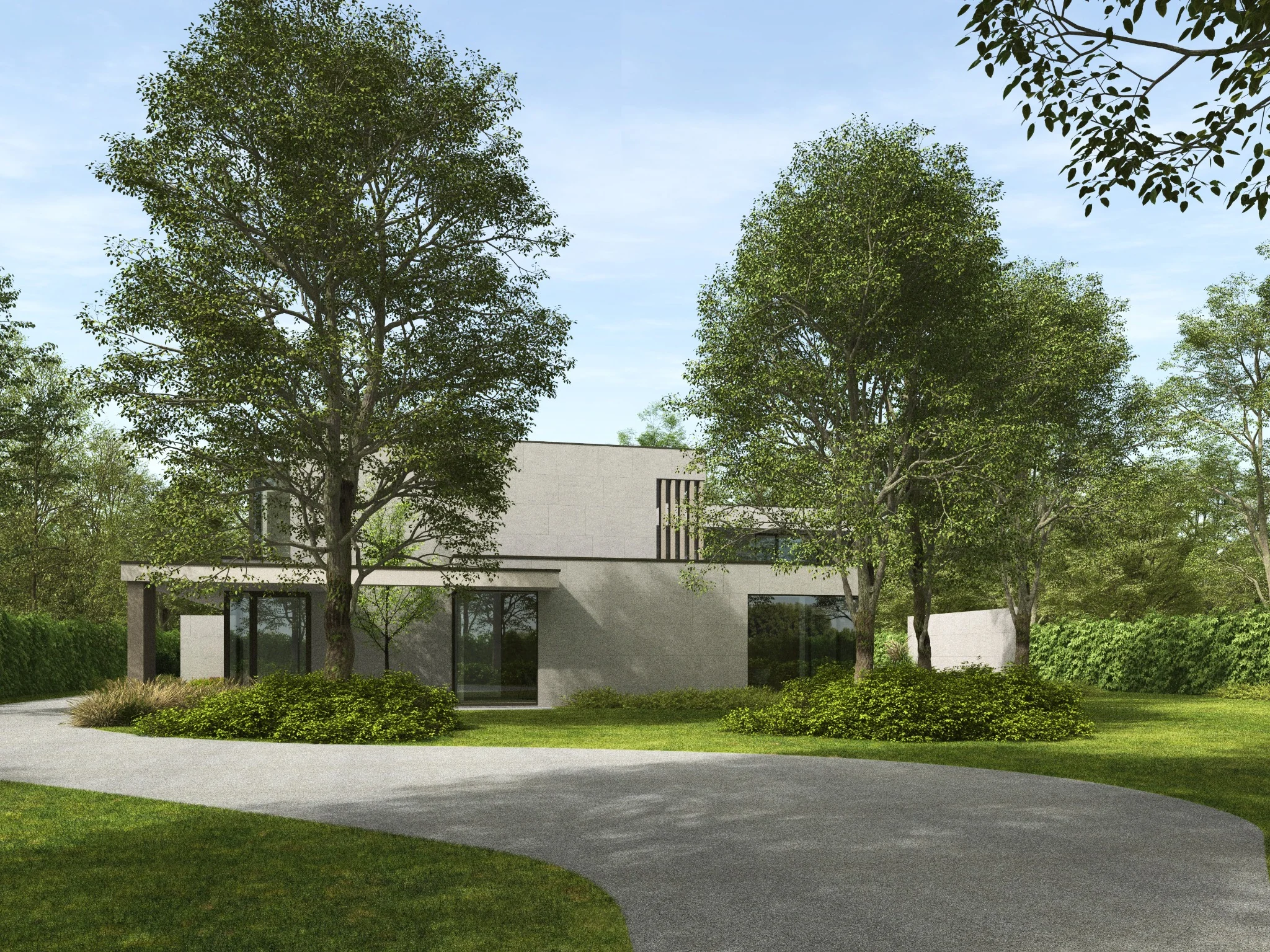 Architecturale 3D-visualisatie van een hedendaagse woning in een groene omgeving