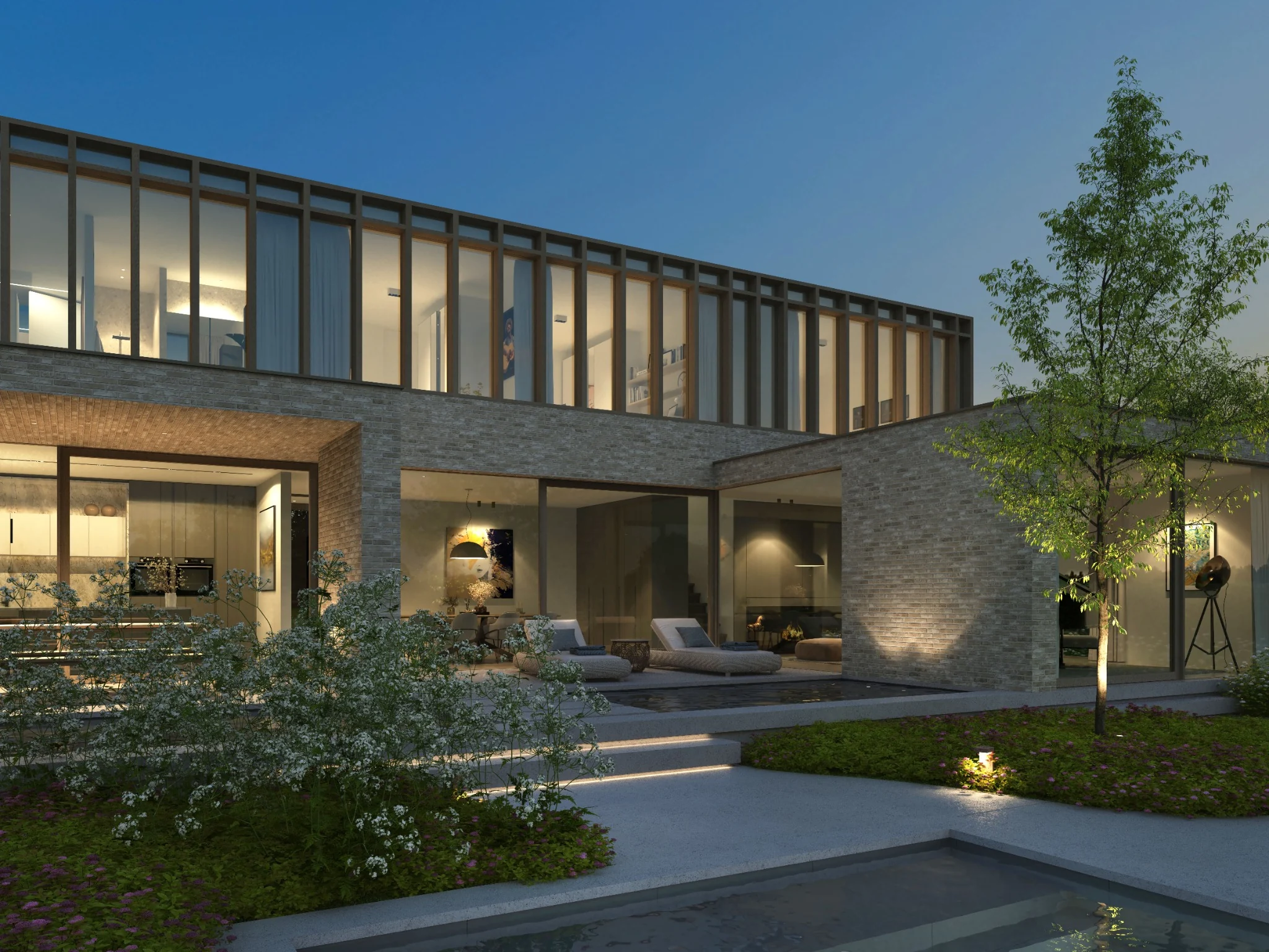 Avondvisualisatie van residentiële architectuur met warm interieurlicht